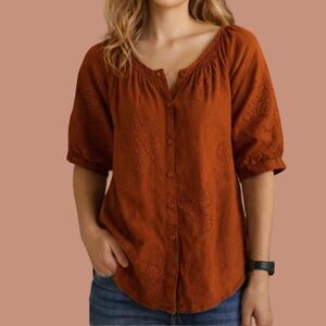 Chicos Ramie Burnt Orange Rami Cutwork Inlet Puff Sleeve Button Down Blouse